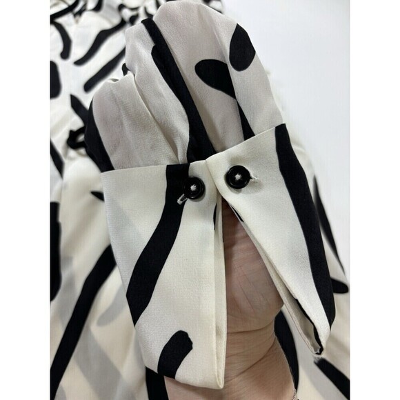 Diane Von Furstenberg Silk Blouse Tunic Top White Black Print 2 Silk Bows - Picture 13 of 16